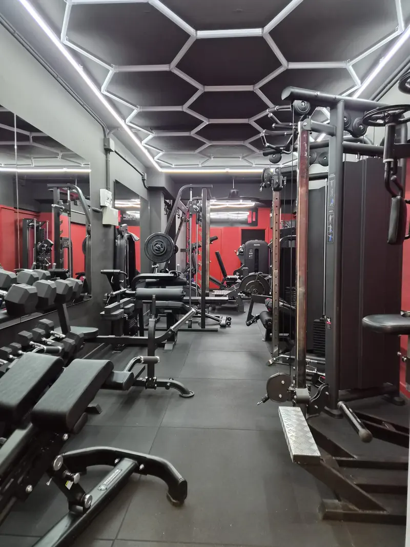 Sala de entrenamiento del local de Gràcia: hilera de mancuernas hexagonales, bancos regulables, poleas y un techo de luces hexagonales sobre paredes rojas y negras